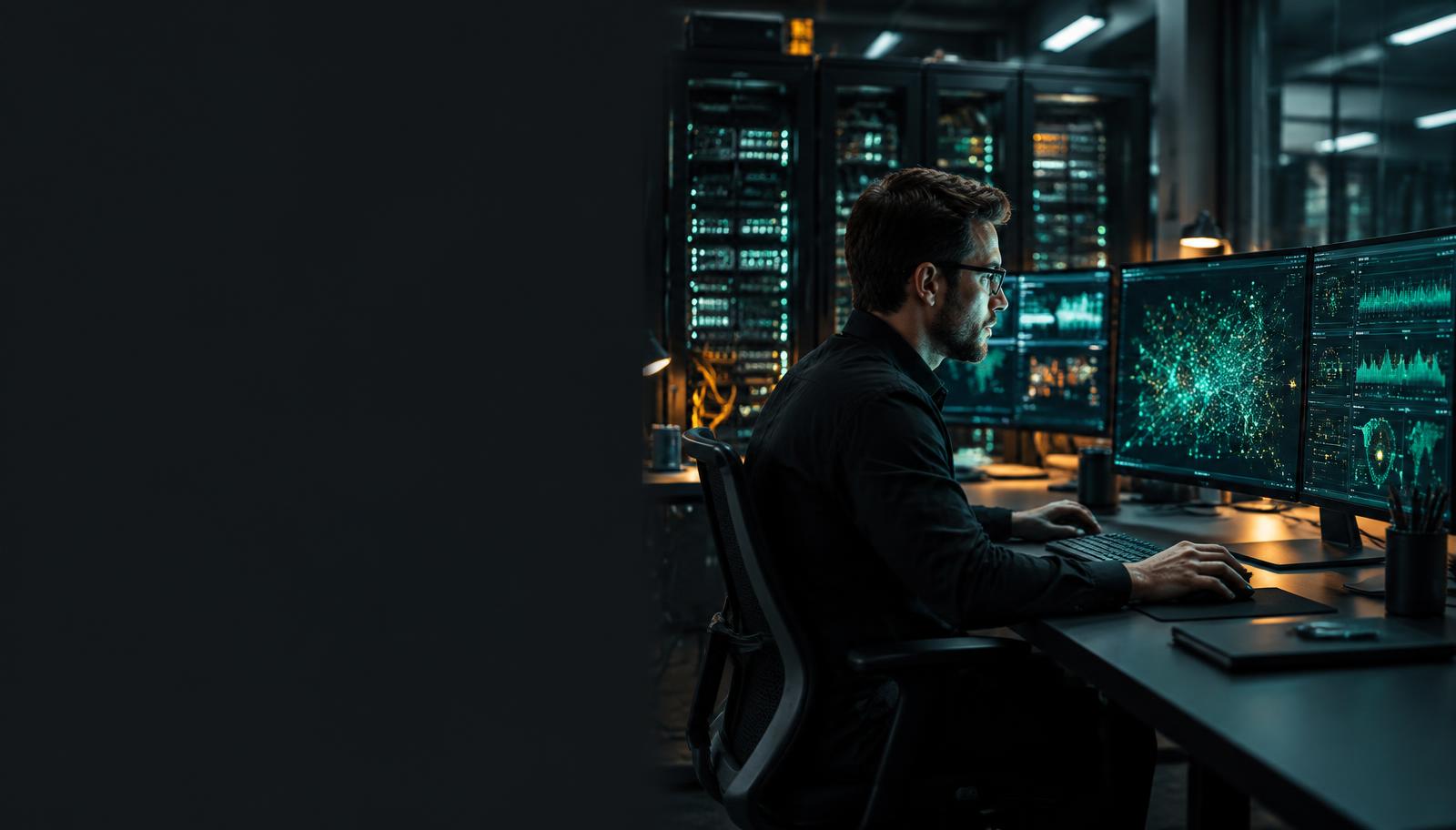Security researcher monitoring networks in a secure computing lab